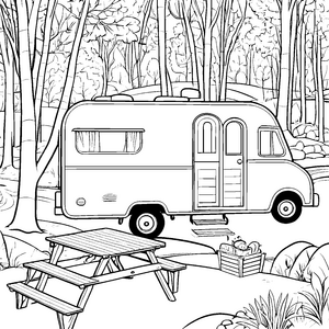 Bezaubernder Wohnwagen mit gemütlichem Picknickplatz Ausmalbild für abenteuerlustige Naturfreunde