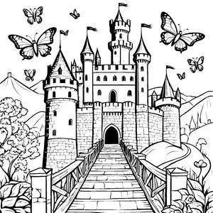 Majestätische Burg mit fröhlichen Schmetterlingen Ausmalmotiv für fantasievolle Künstler