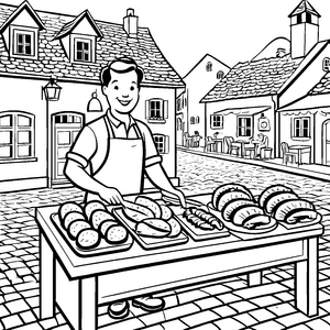 Fröhlicher Fleischereifachverkäufer mit frischen Leckereien Ausmalbild für kleine Gourmets