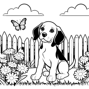 Beagle mit schmetterlingshaftem Spielgefährten Ausmalvorlage für kleine Tierfreunde