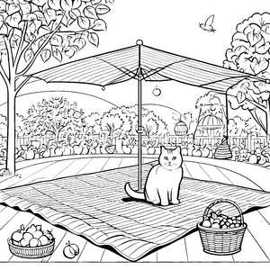 Gemütliche Britisch Kurzhaar Katze unter schattigem Sonnensegel Ausmalbild für neugierige Tierfreundinnen