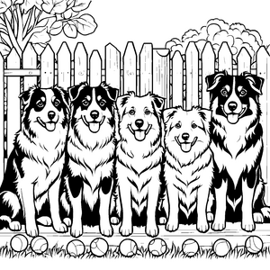 Fünf fröhliche Australian Shepherds im Garten Ausmalvorlage für spielbegeisterte Tierfreunde