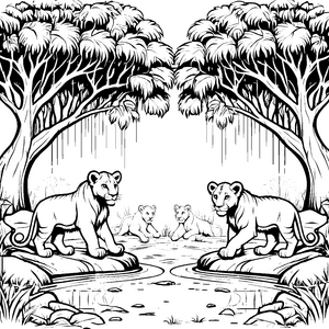 Löwenbabys spielen am Wasserfall Ausmalbild für neugierige Tierfreunde