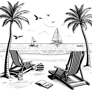 Entspannende Strandliegen unter Palmen Ausmalbild für sonnige Abenteurer