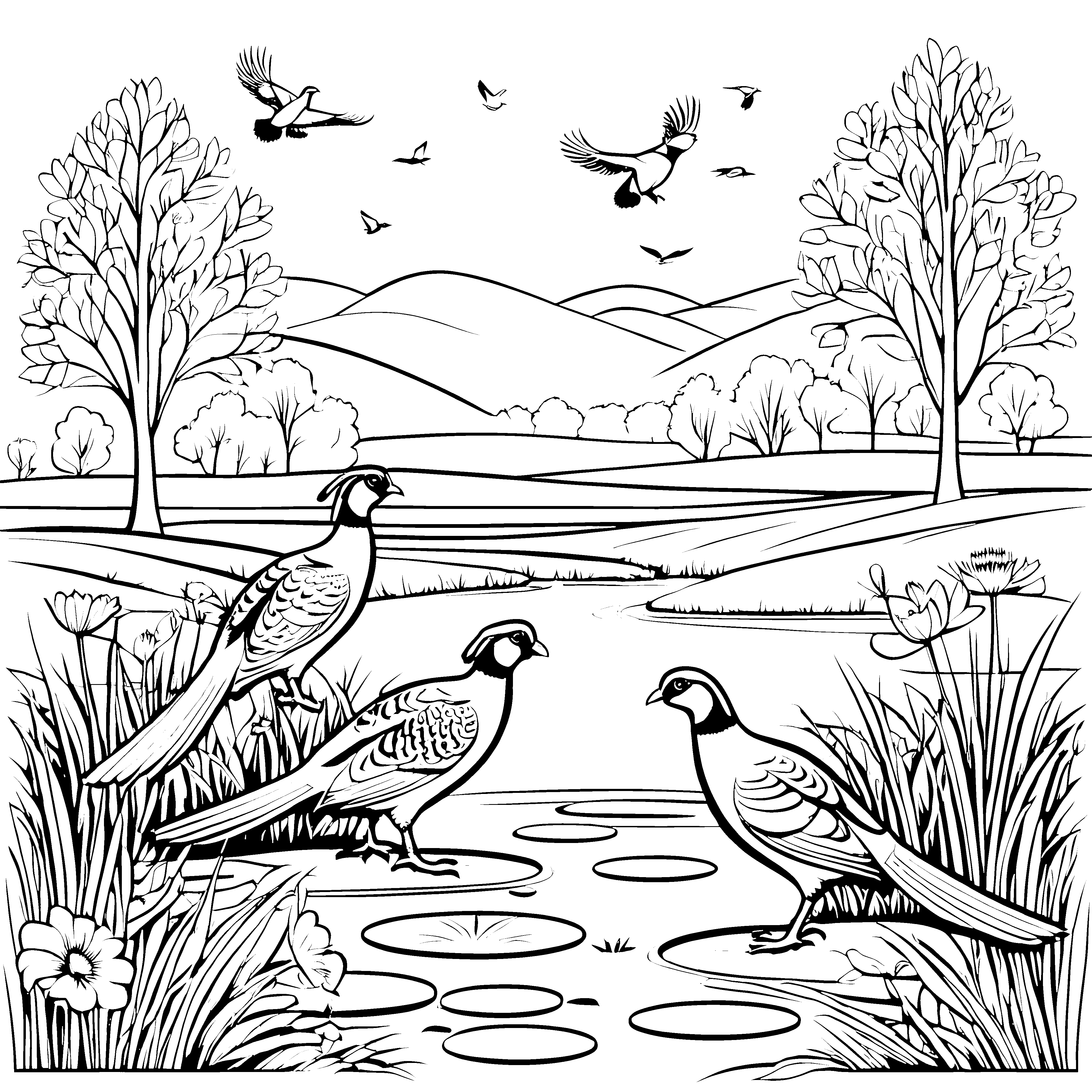 Farbenfrohe Fasane am glitzernden Teich Ausmalvorlage für neugierige Naturfreunde
