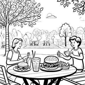 Köstlicher Hamburger-Treff im Park Ausmalvorlage für hungrige Entdecker