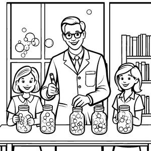 Experimentierfreudiger Lehrer mit neugierigen Schülerinnen Ausmalbild für kleine Wissenschaftler