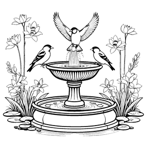 Fröhliches Vogeltrio am bezaubernden Brunnen Ausmalbild für kleine Naturkünstler