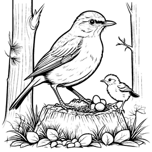Schöne Vögel bei fantasievoller Jungtierfütterung Ausmalmotiv für neugierige Entdecker