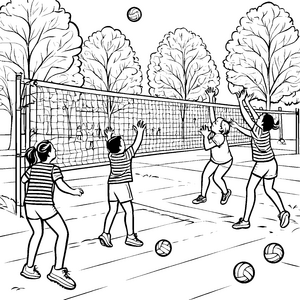Volleyballspiel mit fröhlichen Kindern Ausmalbild für sportliche Entdecker