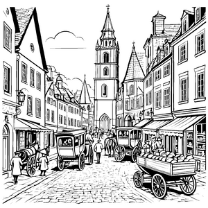 Lebendige Kutschen auf belebter Marktstraße Ausmalbild für neugierige Stadtentdecker