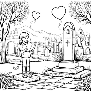 Fantasievolle Ballonfahrt über zauberhaftem Friedhof Ausmalbild für traumschöne Entdecker