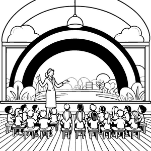 Inspirierende Lehrerin vor fröhlicher Kindergruppe Ausmalbild für wissbegierige Entdecker