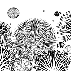 Kreativer Seeigel zwischen bunten Korallen Ausmalbild für kleine Meeresabenteurer