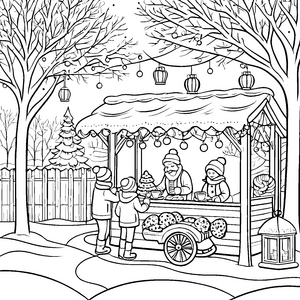 Weihnachtsmarkt mit duftenden Leckereien Ausmalvorlage für fröhliche Weihnachtszauberer