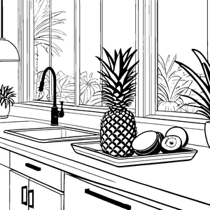 Tropische Ananas auf dekorativer Obstschale Ausmalbild für kleine Genussfreunde