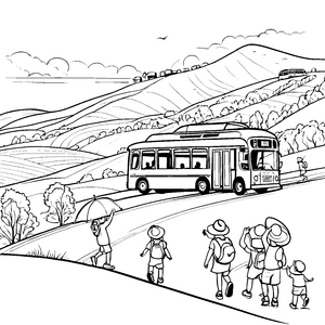 Fröhlicher Schulbus auf Abenteuerfahrt Ausmalvorlage für neugierige Entdecker