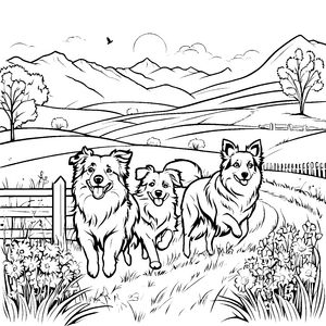 Drei fröhliche Australian Shepherds auf dem Land Ausmalvorlage für abenteuerlustige Tierfreunde