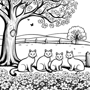 Fröhliche Bauernhofkatzen im blühenden Blumenfeld Ausmalbild für kleine Katzenfreunde