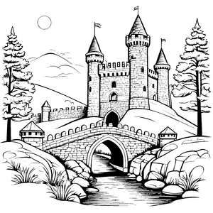 Majestätische Burg mit zauberhaftem Wassergraben Ausmalvorlage für kleine Ritter und Prinzessinnen