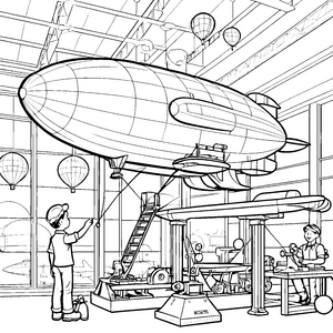 Faszinierender Zeppelin schwebt über der Werkstatt Ausmalmotiv für kleine Technikfans