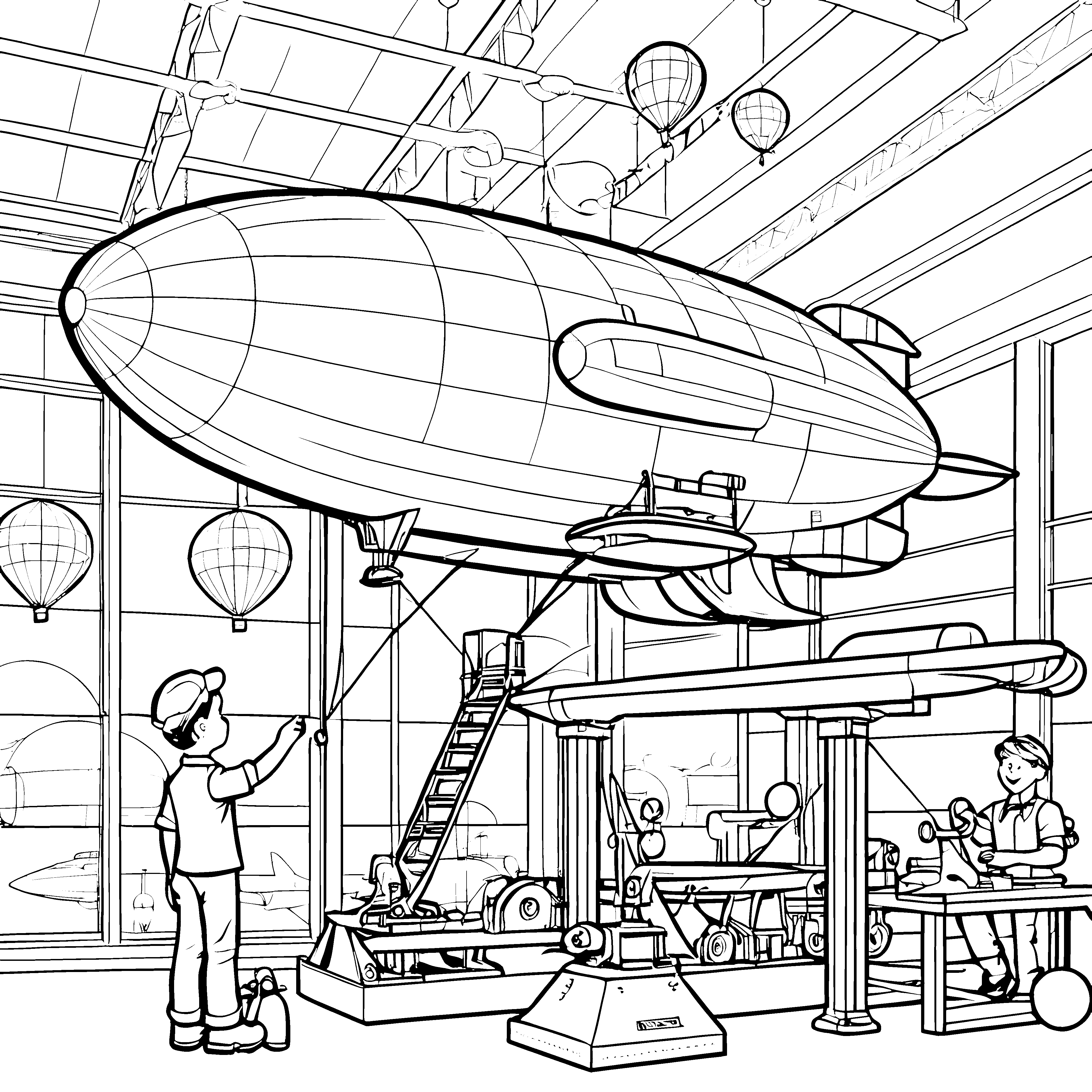 Faszinierender Zeppelin schwebt über der Werkstatt Ausmalmotiv für kleine Technikfans