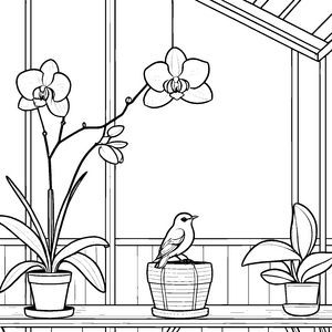 Bezaubernde Orchideen in stilvollem Gewächshaus Ausmalbild für kleine Gartenkünstler