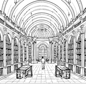 Majestätisches Gewölbe mit vielen Büchern Ausmalbild für neugierige Wissensentdecker