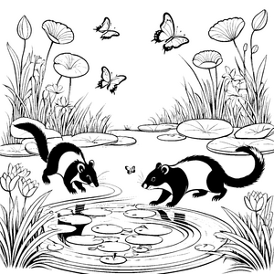 Neugierige Stinktiere am blühenden Teich Ausmalbild für kleine Abenteurer
