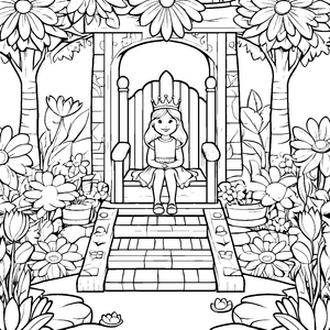 Zauberhafter Thron im blühenden Garten Ausmalbild für kleine Königinnen