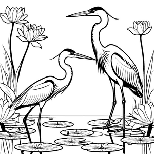 Zwei anmutige Reiher im blühenden See Ausmalvorlage für fantasievolle Naturliebhaber