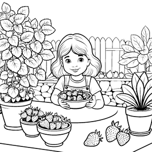 Schüchternes Mädchen mit frischen Erdbeeren Ausmalbild für kleine Gartenliebhaber