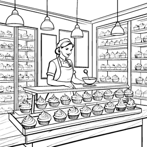 Verzauberte Konditorin mit himmlischen Cupcakes Malvorlage für süße Genießermäuse