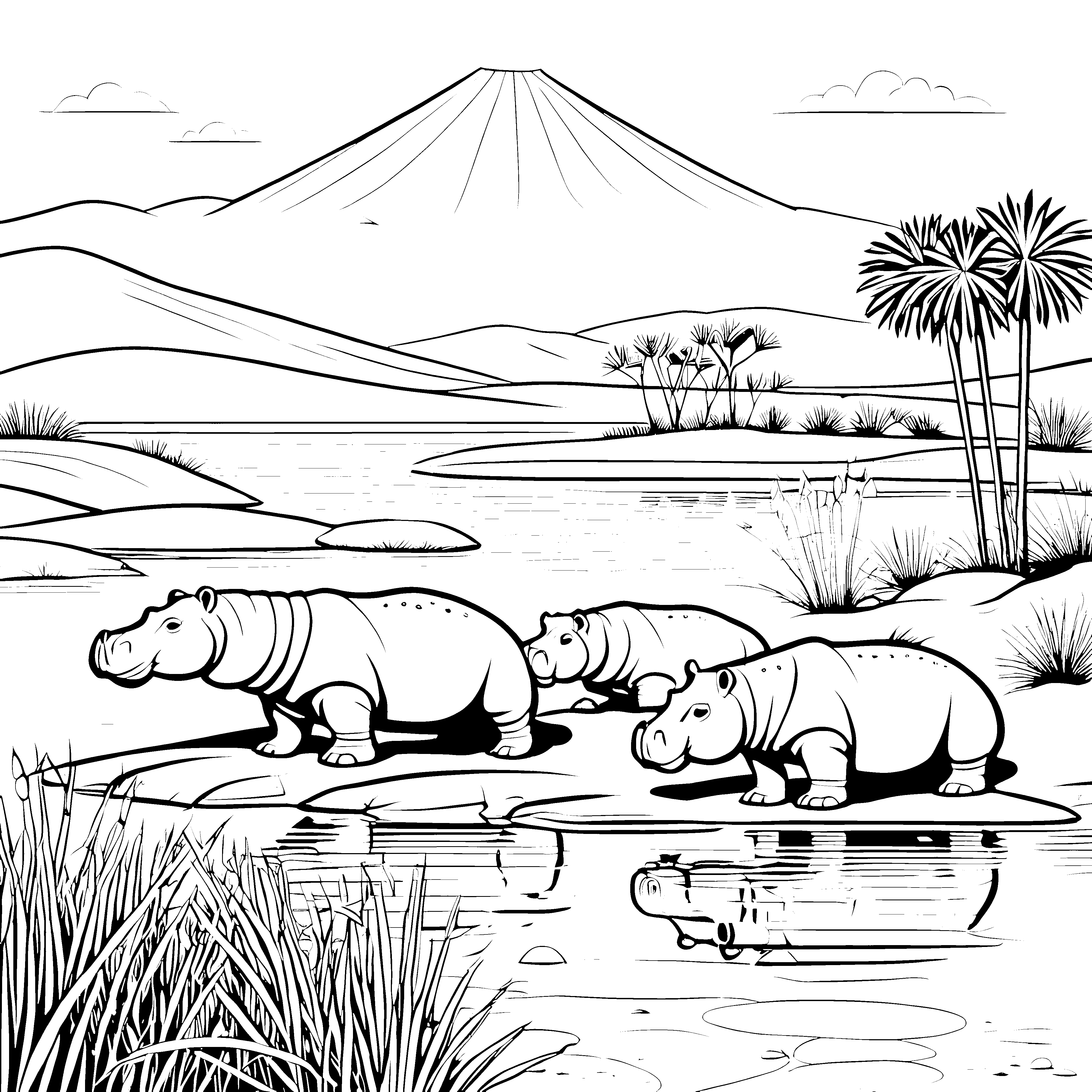 Witzige Nilpferde erkunden das Wasserloch Malvorlage für neugierige Abenteurer