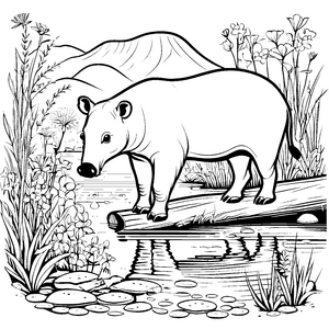 Tapir auf der abenteuerlichen Holzbrücke Ausmalbild für junge Naturforscher