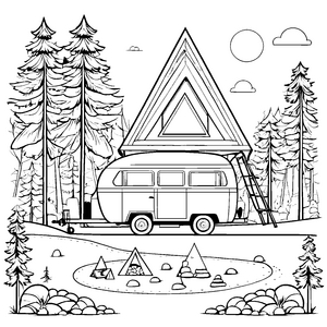Abenteuerlicher Wohnwagen vor malerischer Waldlandschaft Ausmalvorlage für junge Naturfreunde
