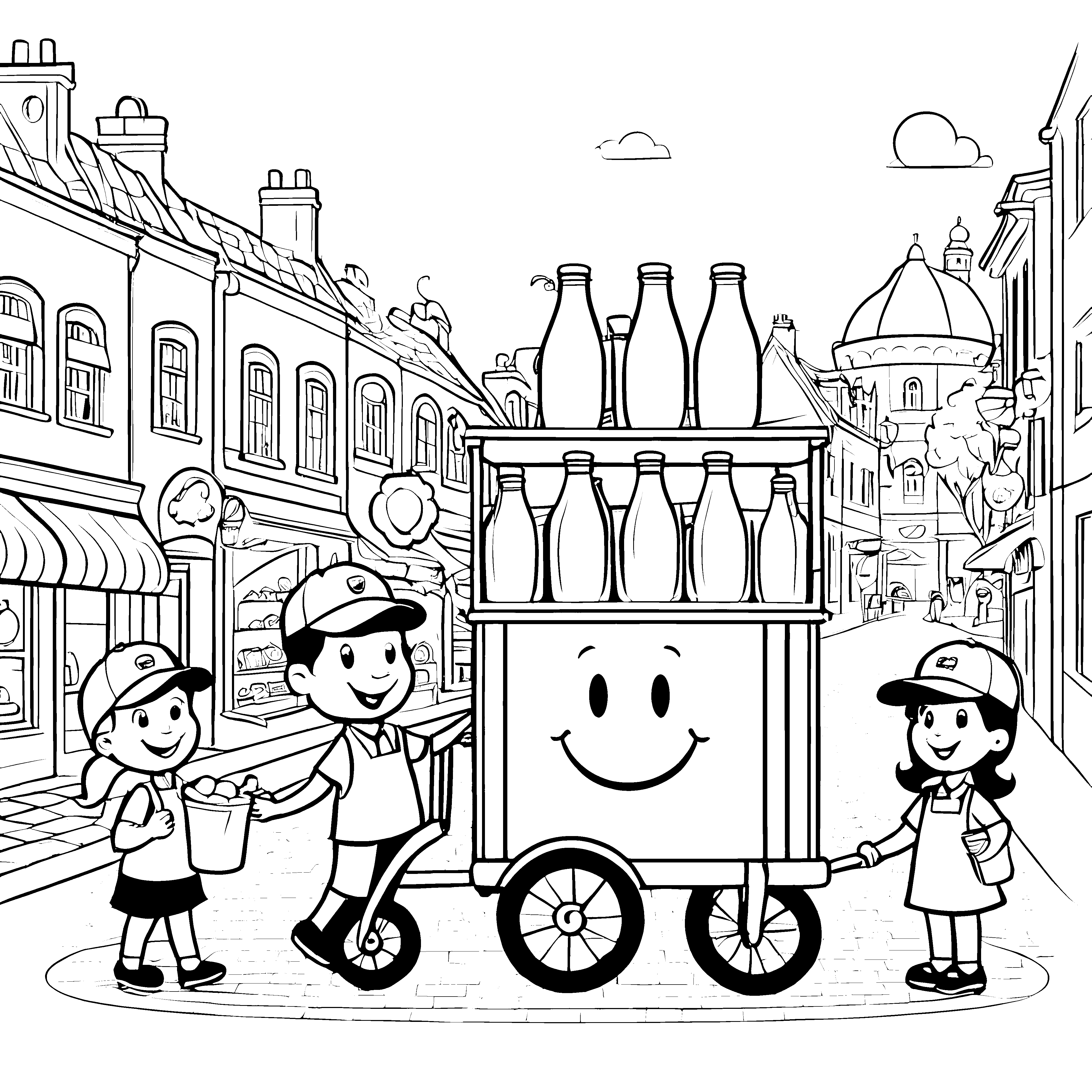 Lustiger Milchwagen mit fröhlichen Kindern Ausmalbild für kleine Entdecker