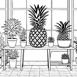 Fröhliche Ananas in buntem Gewächshaus Ausmalbild für kreative Naturliebhaber