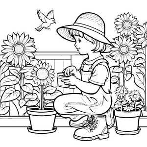 Fröhlicher Gartenfreund mit blühendem Blumenkübel Ausmalbild für kleine Naturliebhaber