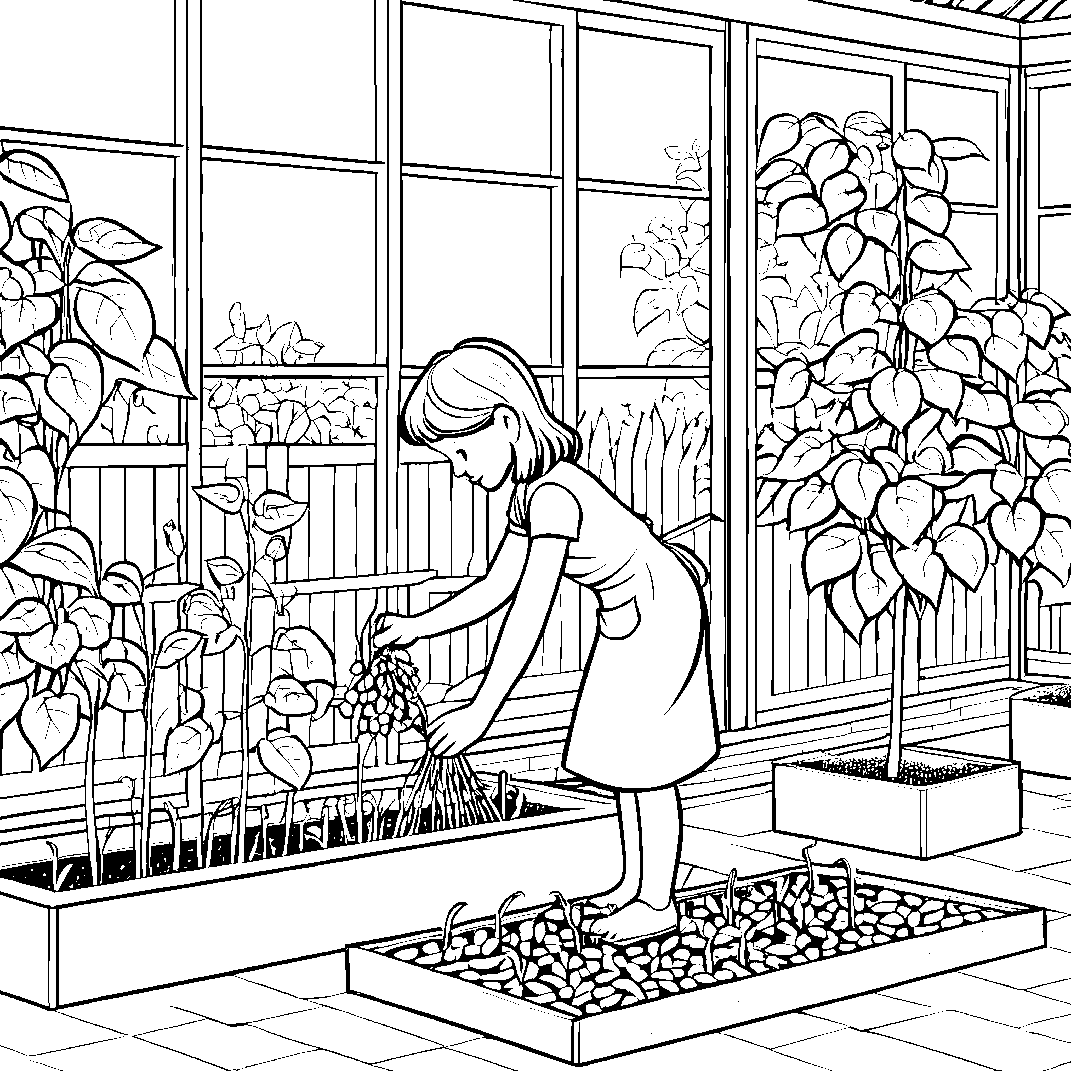 Fleißiges Mädchen im bunten Garten mit Buschbohnen Ausmalvorlage für kreative Pflanzenfreunde