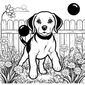 Beagle mit fröhlichem Ball im bunten Garten Ausmalbild für kreative Entdecker
