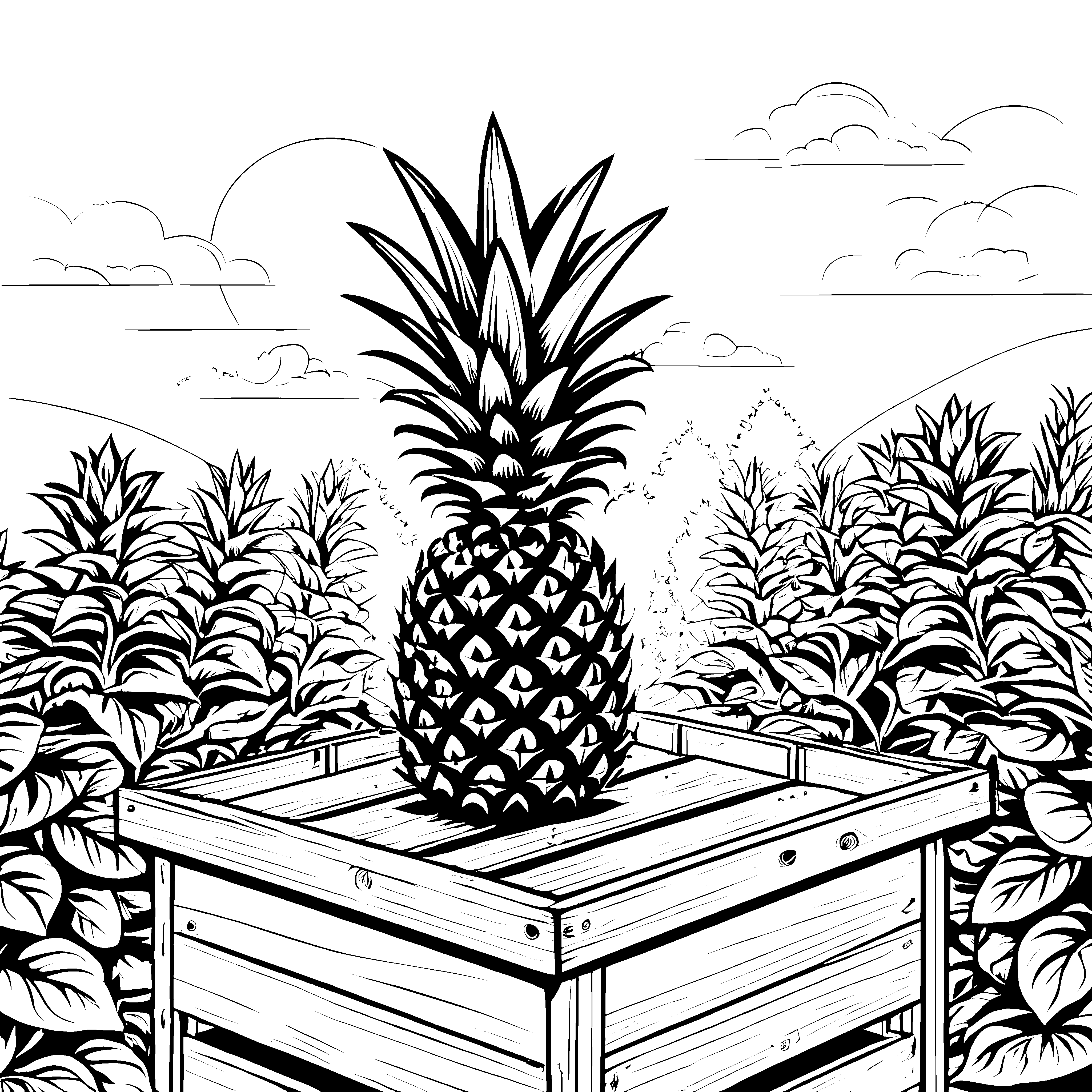 Leuchtende Ananas auf rustikalem Holzgestell Ausmalbild für fröhliche Künstler