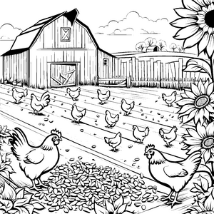 Fröhliche Hühner auf der bunten Farm Ausmalbild für kleine Abenteurer