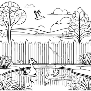 Lebendiger Garten mit fröhlichen Enten und schönem Zaun Ausmalvorlage für fantasievolle Naturfreunde