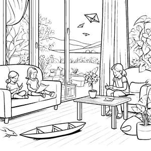 Gemütlicher Couchtisch im modernen Wohnzimmer Ausmalmotiv für kreative Entdecker
