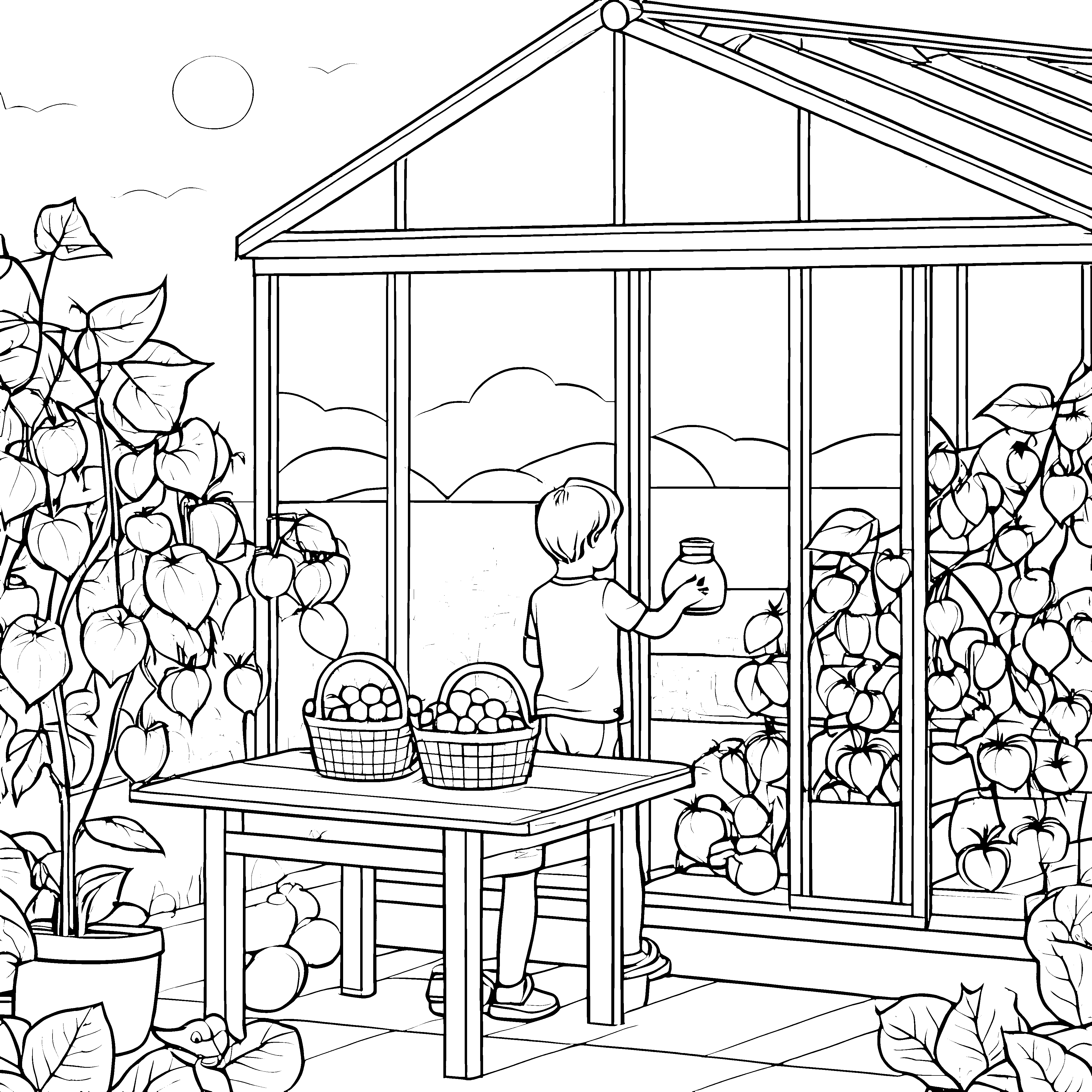Fröhlicher Junge im Gewächshaus mit leuchtenden Physalis Malvorlage für neugierige Gartenentdecker