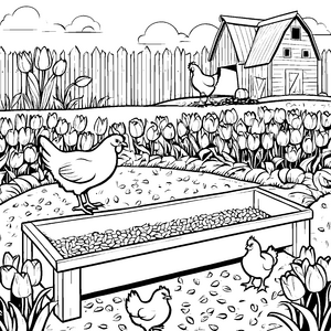 Fröhliche Hühner beim Füttern im bunten Garten Malvorlage für junge Naturentdecker