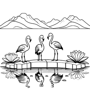 Drei elegante Flamingos am Seeufer Ausmalbild für kleine Wasserfreunde