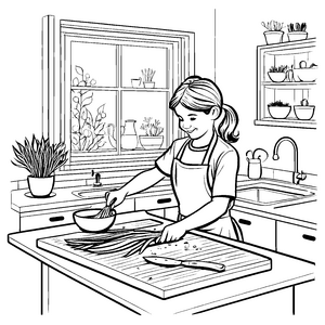 Fröhliches Mädchen bei der Zubereitung von Frühlingszwiebeln Bastelmotiv für kleine Küchenchefs