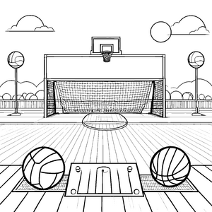 Bunte Ballspiele auf dem Sportplatz Ausmalmotiv für dynamische Malfreunde